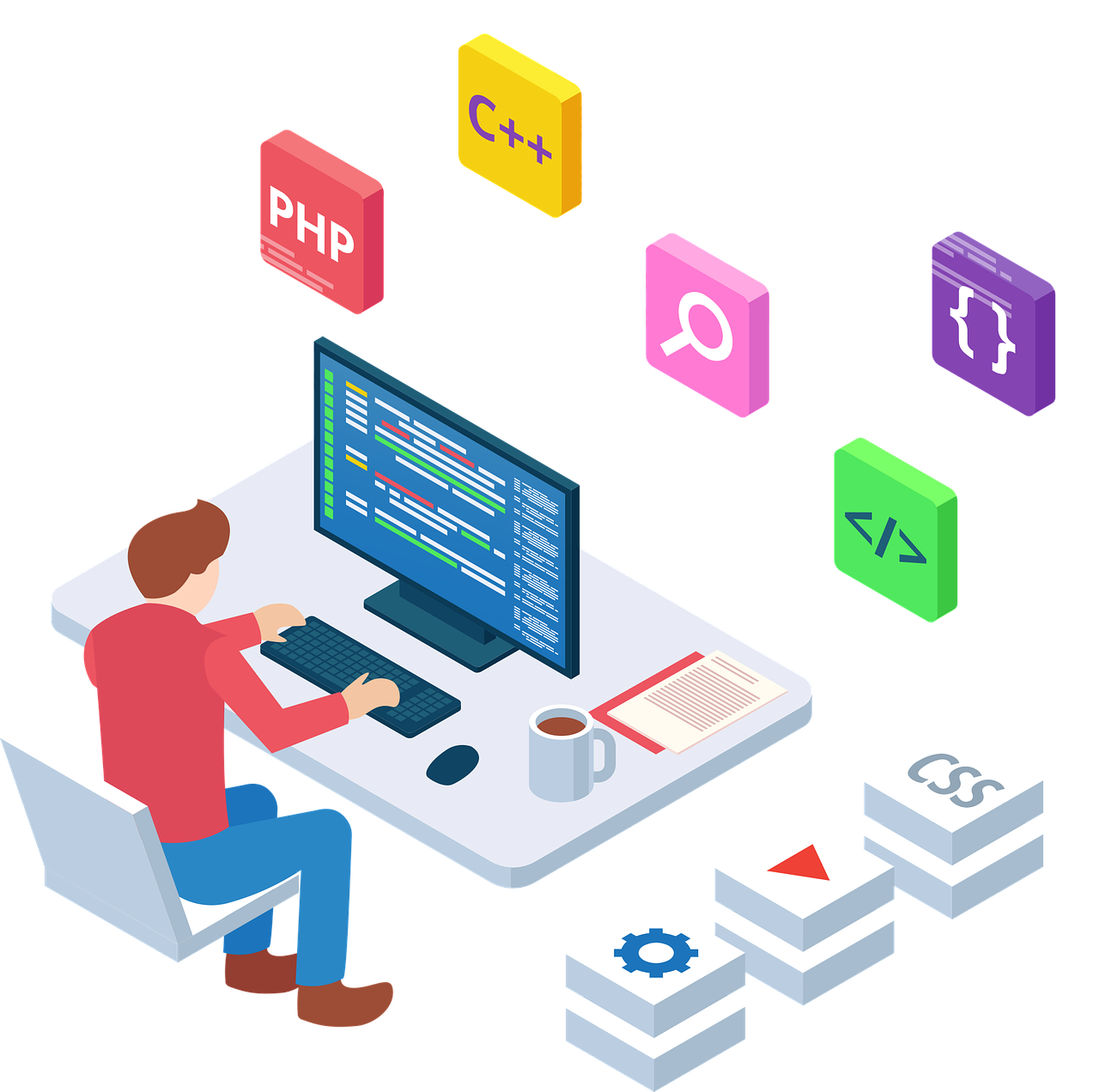 Desenvolvedor web a trabalhar num computador com código e design